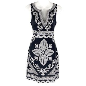 WHBM black white printed notch neck sheath dress